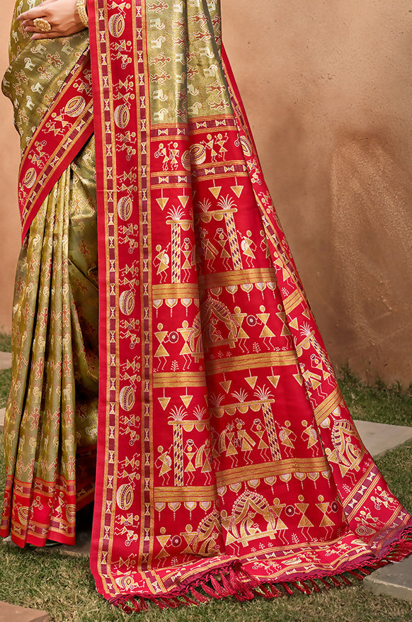 Sangam Prints Beige Kanjivaram Silk Woven Work Traditional Saree | Grocsy