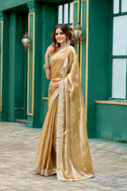 Vastranavya Beige Embroidery Work Shimmer Chiffon Saree with Unstitched Blouse | Grocsy