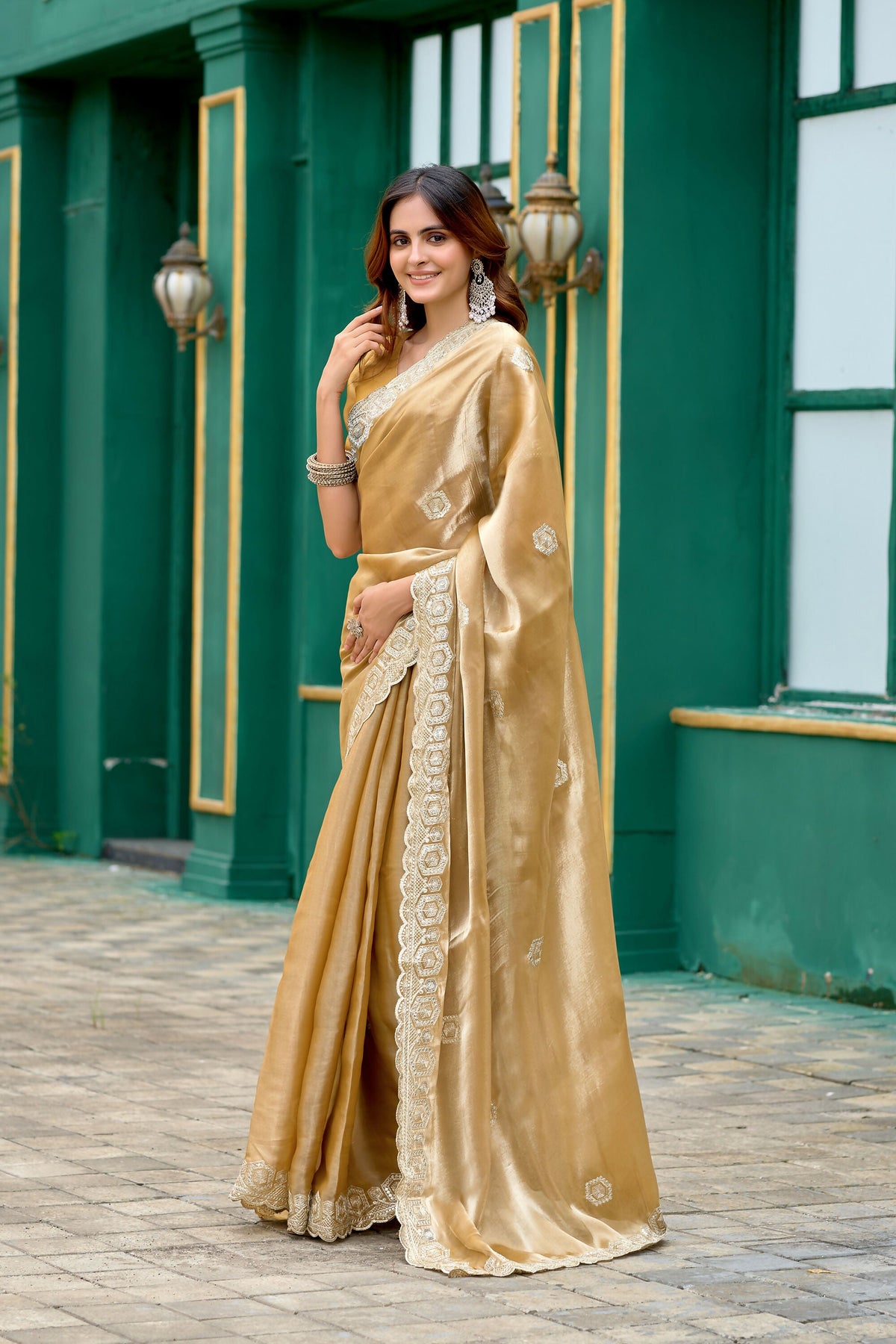 Vastranavya Beige Embroidery Work Shimmer Chiffon Saree with Unstitched Blouse | Grocsy