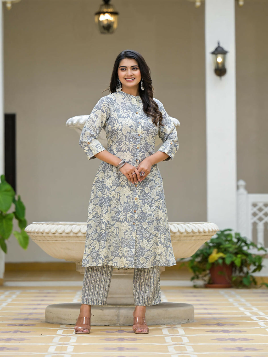 Juniper Women's Grey Floral Printed Cotton Kurta Set With Buttons | Grocsy