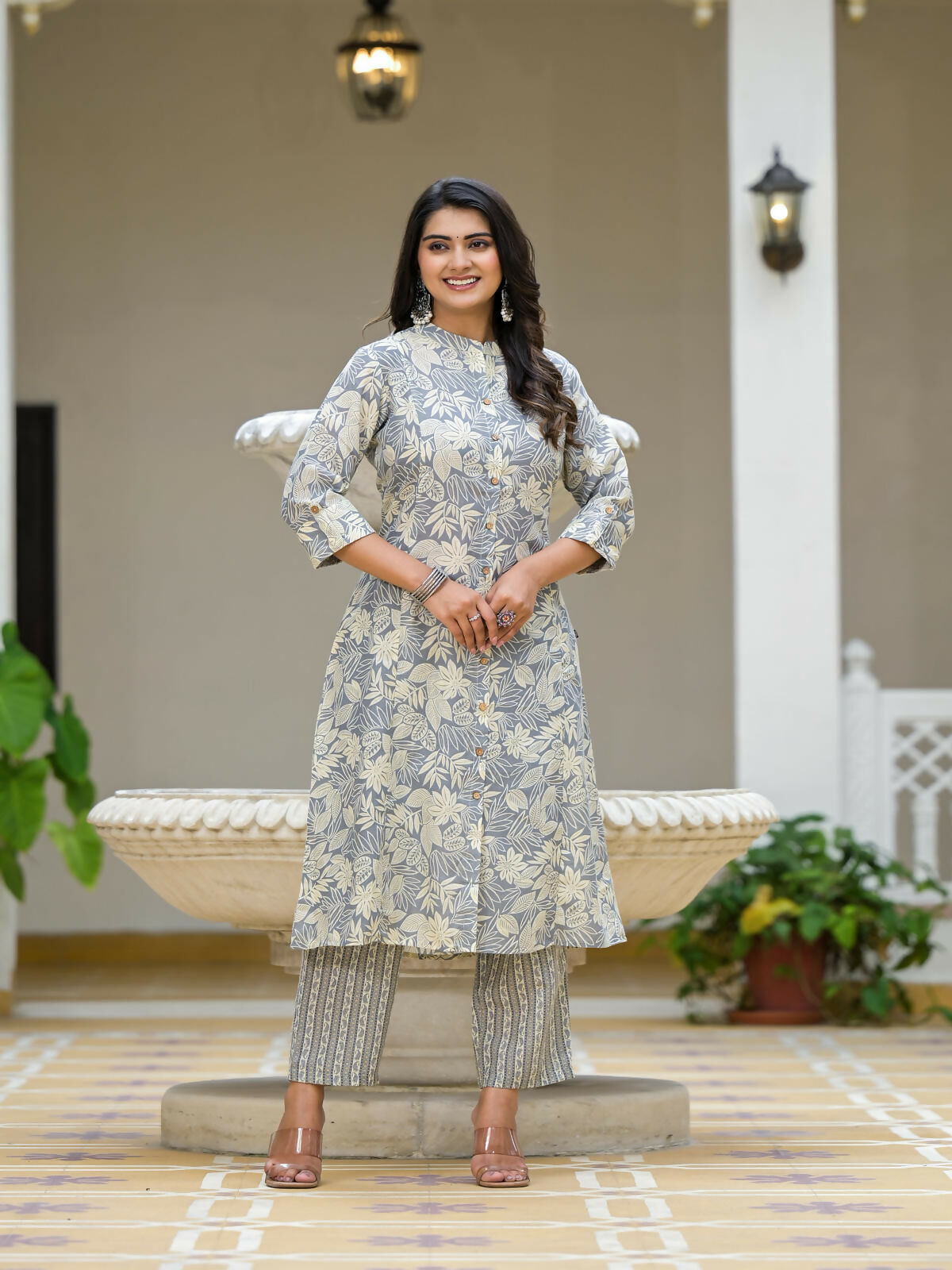 Juniper Women's Grey Floral Printed Cotton Kurta Set With Buttons | Grocsy