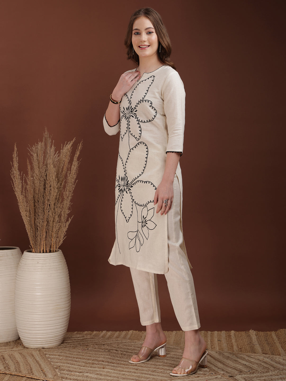Floral Embroidered Co Ords, White - Hiral Fashion | Grocsy