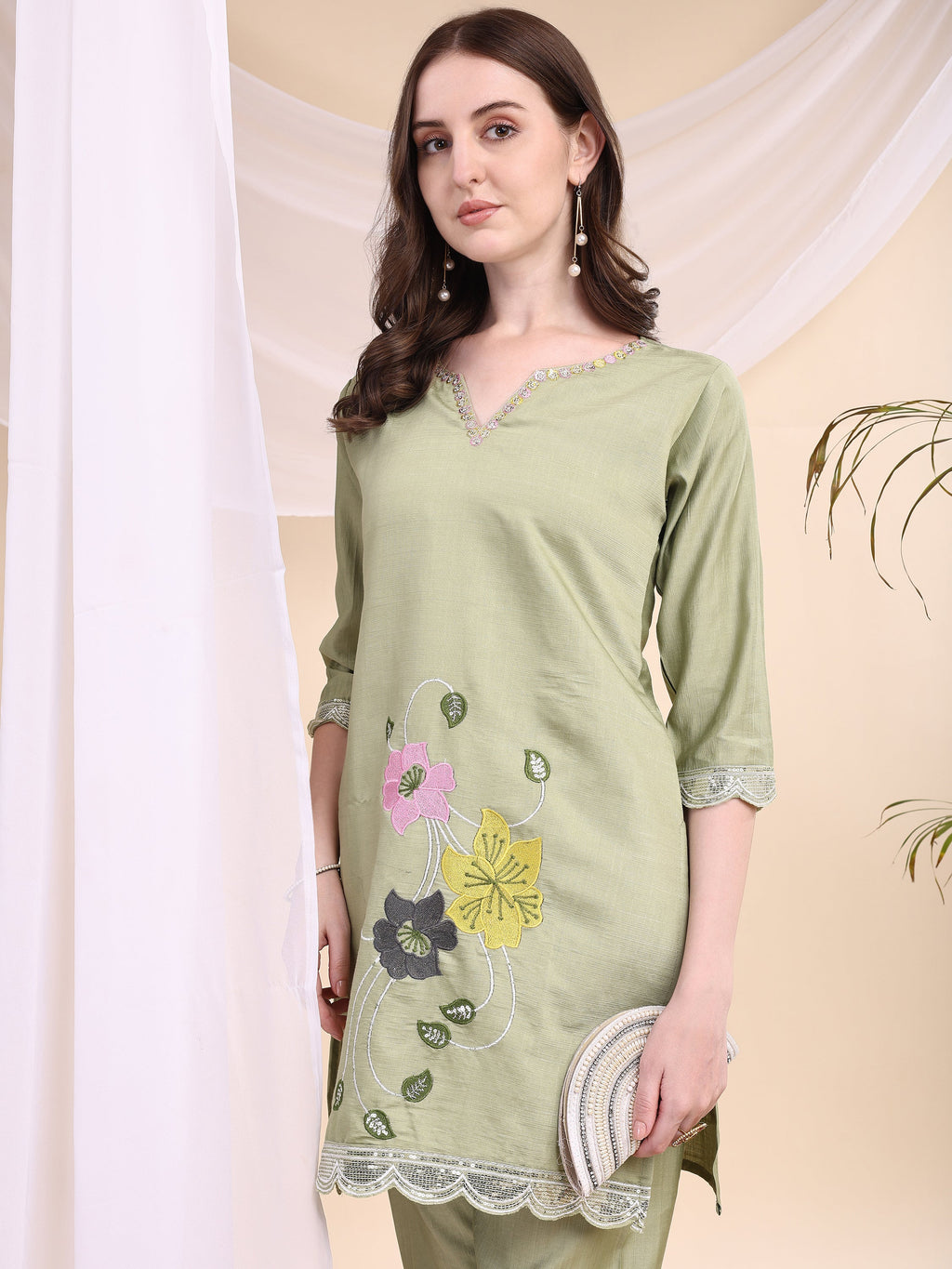 Floral Embroidered Co-Ords, Green - Hiral Fashion | Grocsy