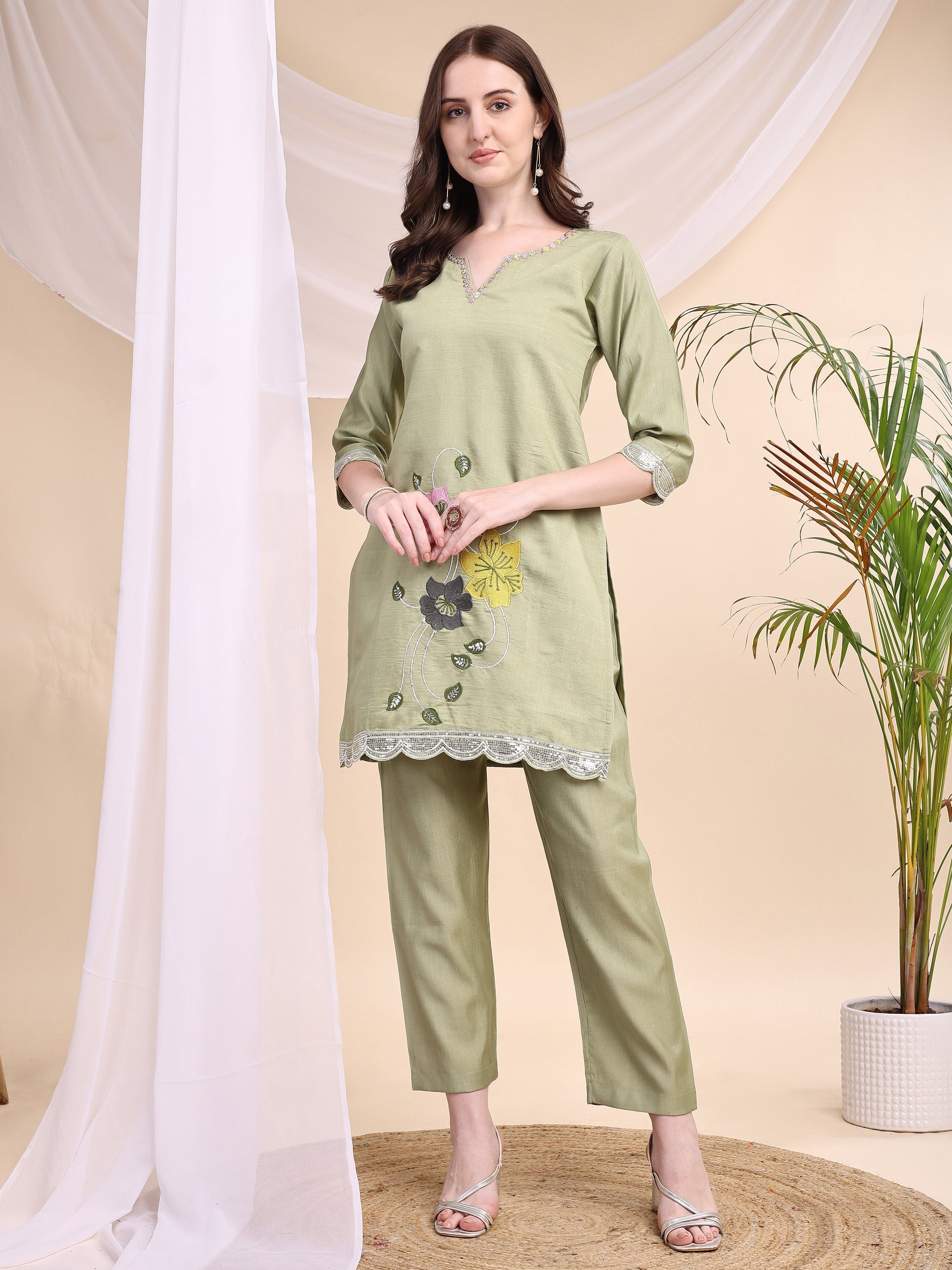 Floral Embroidered Co-Ords, Green - Hiral Fashion | Grocsy