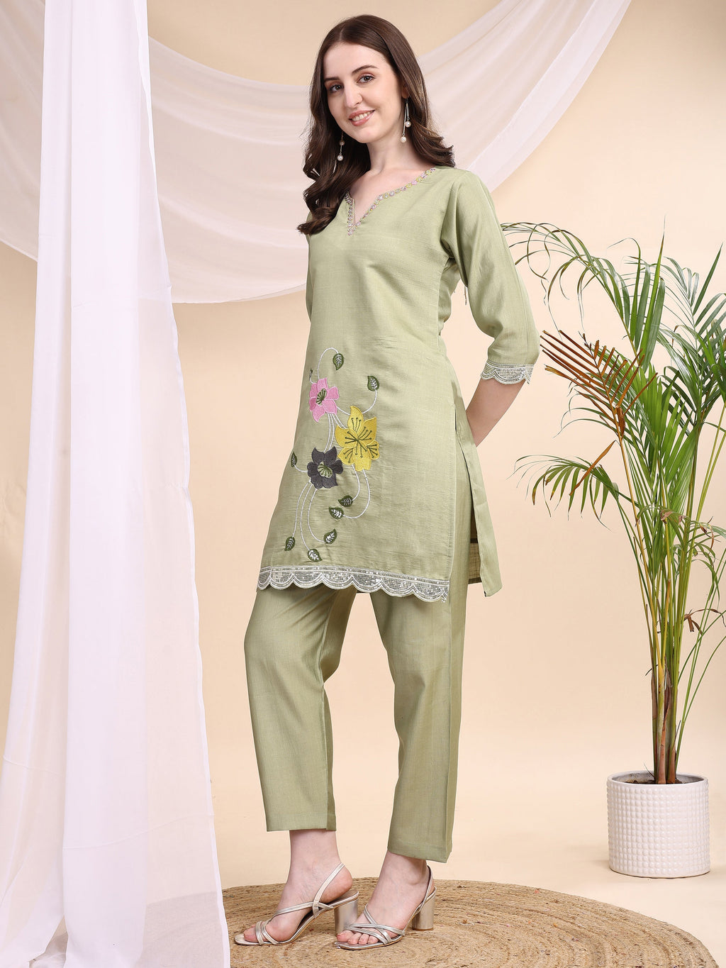 Floral Embroidered Co-Ords, Green - Hiral Fashion | Grocsy