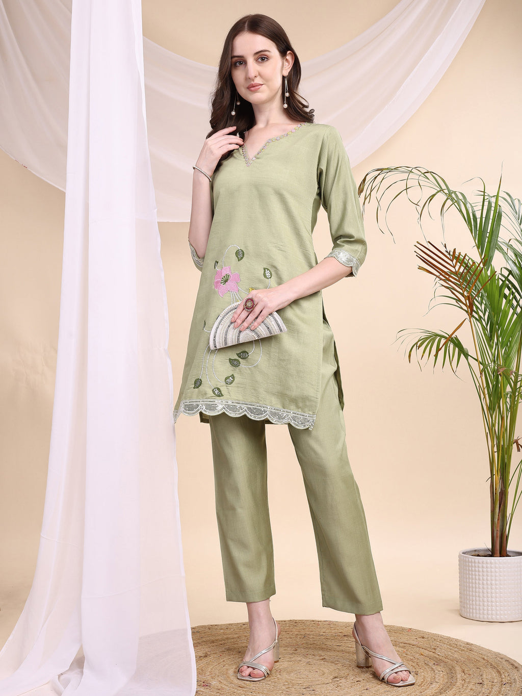 Floral Embroidered Co-Ords, Green - Hiral Fashion | Grocsy
