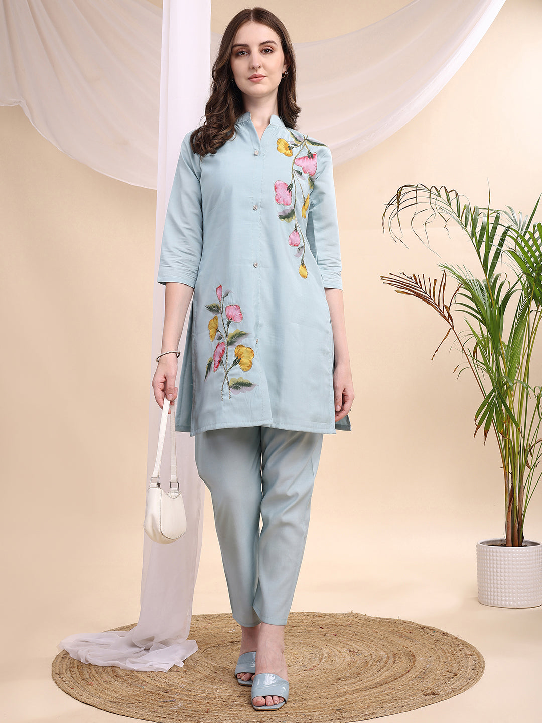Floral Painted & Beads Embroidered Co-Ords, Aqua-Blue - Hiral Fashion | Grocsy