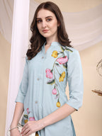 Floral Painted & Beads Embroidered Co-Ords, Aqua-Blue - Hiral Fashion | Grocsy