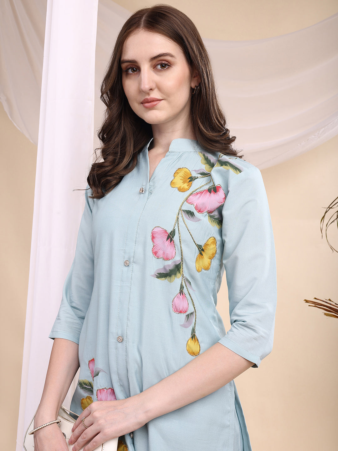 Floral Painted & Beads Embroidered Co-Ords, Aqua-Blue - Hiral Fashion | Grocsy