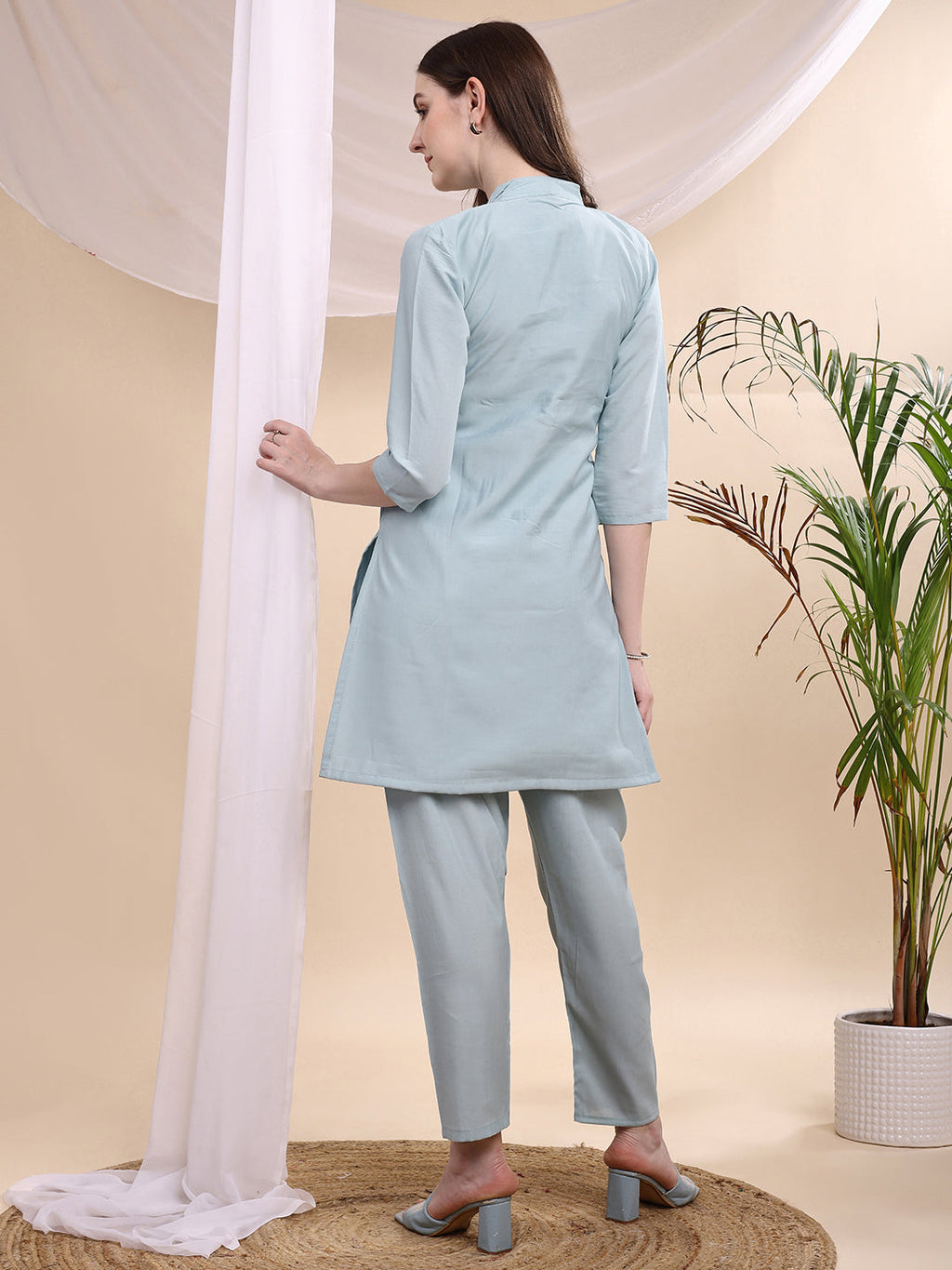 Floral Painted & Beads Embroidered Co-Ords, Aqua-Blue - Hiral Fashion | Grocsy