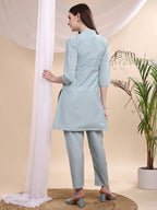 Floral Painted & Beads Embroidered Co-Ords, Aqua-Blue - Hiral Fashion | Grocsy
