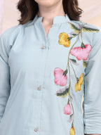 Floral Painted & Beads Embroidered Co-Ords, Aqua-Blue - Hiral Fashion | Grocsy