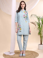 Floral Painted & Beads Embroidered Co-Ords, Aqua-Blue - Hiral Fashion | Grocsy
