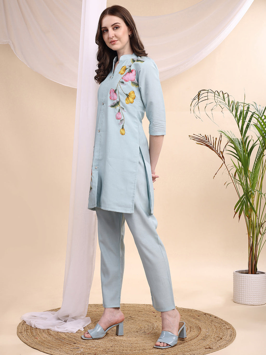 Floral Painted & Beads Embroidered Co-Ords, Aqua-Blue - Hiral Fashion | Grocsy