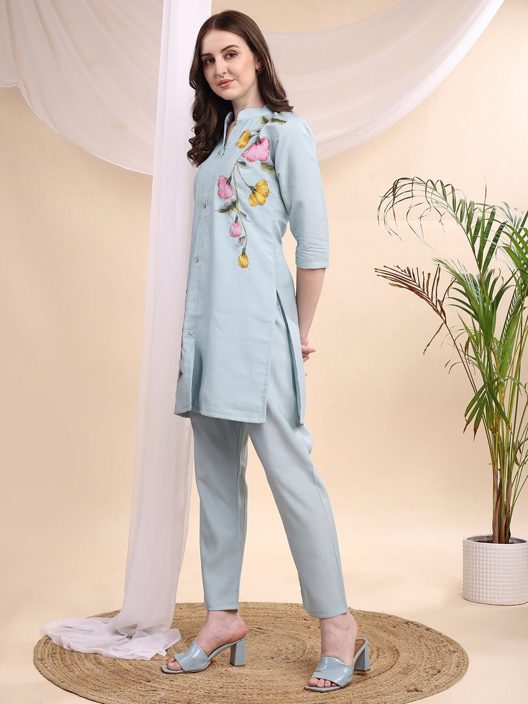 Floral Painted & Beads Embroidered Co-Ords, Aqua-Blue - Hiral Fashion | Grocsy
