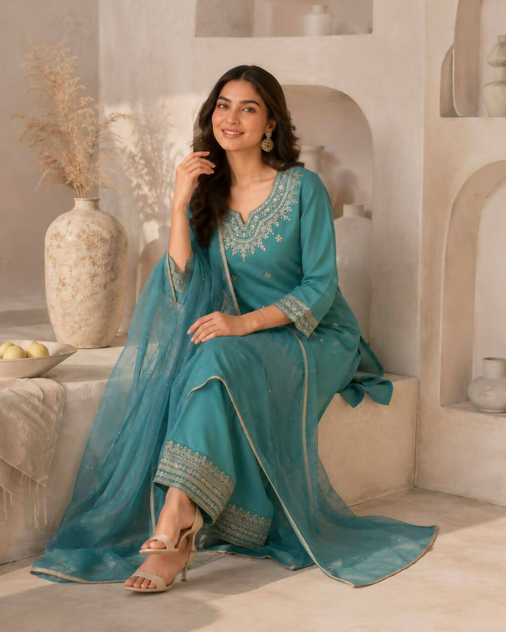 Teeya Creation Turquoise Blue Silk Embroidered Kurta Pant Set With Dupatta | Grocsy