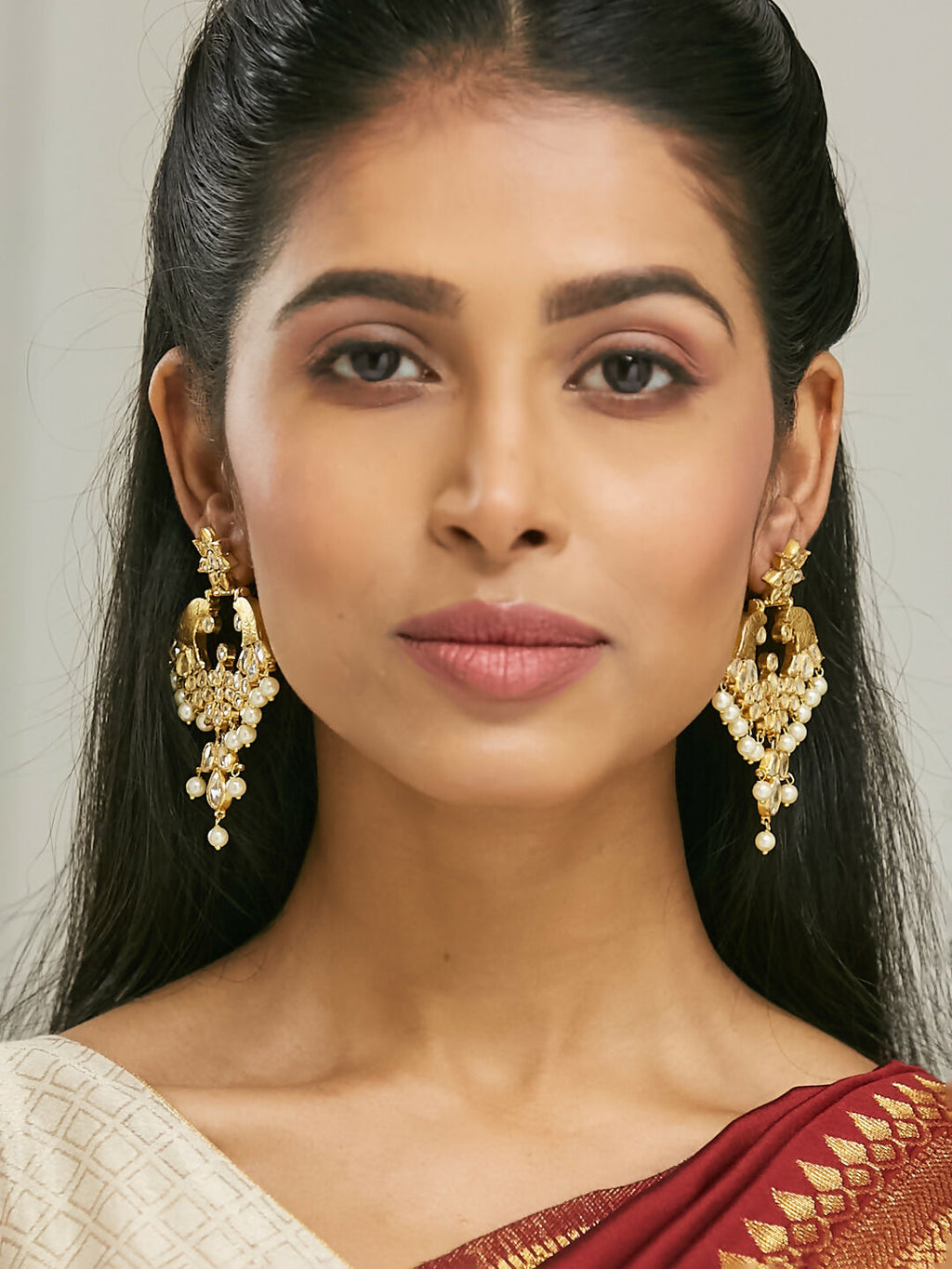 Nuyug 22K Gold-Plated Kundan and Pearl Earrings with Floral Stud and Intricate Crescent Design Chandbalis | Grocsy