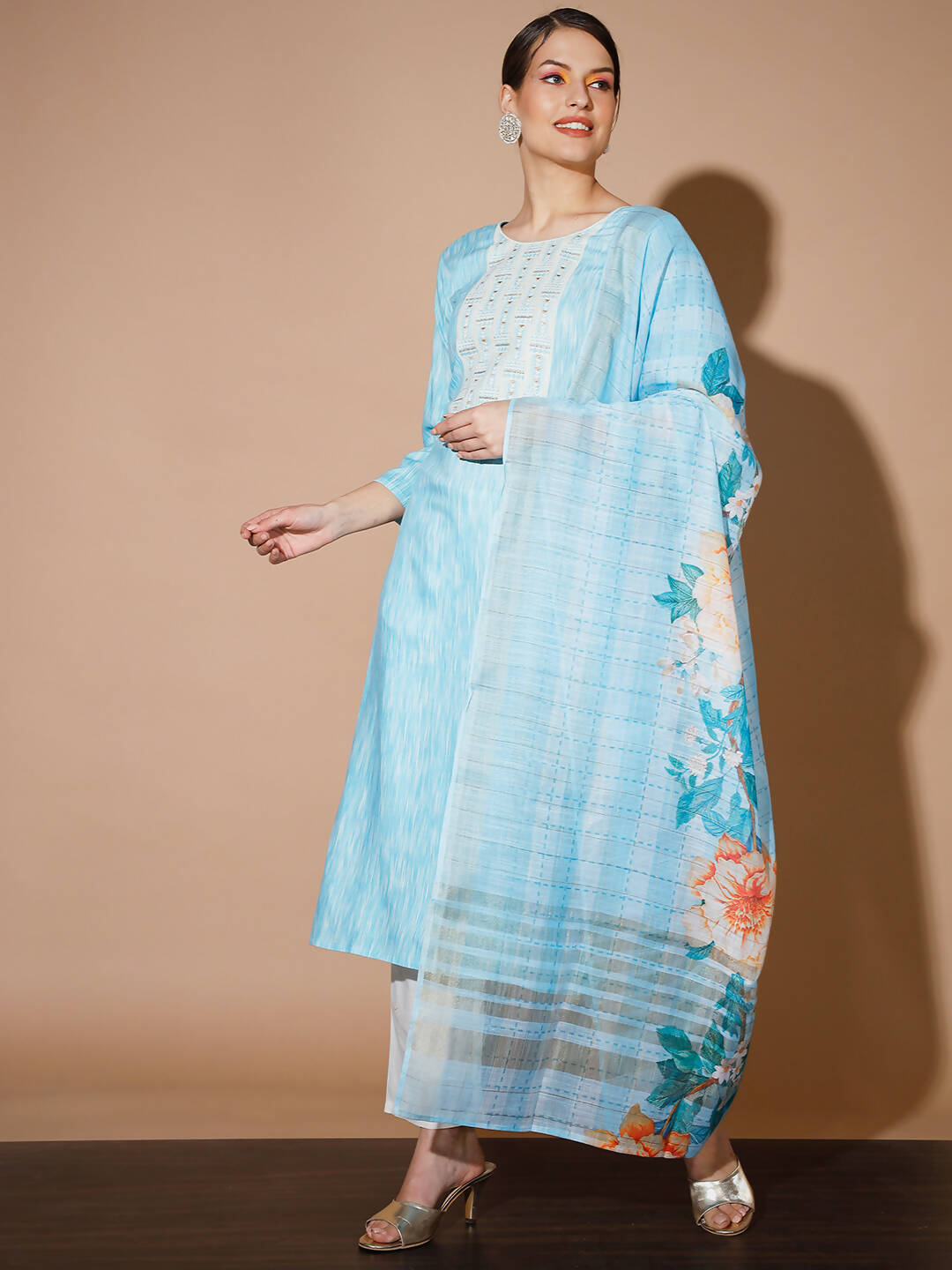 Myshka Women Blue Printed Kurta & Trousers With Dupatta | Grocsy