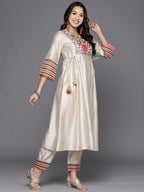Indo Era White Embroidered A-Line Kurta Trousers Set | Grocsy