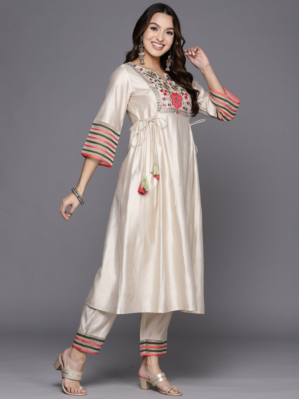 Indo Era White Embroidered A-Line Kurta Trousers Set | Grocsy