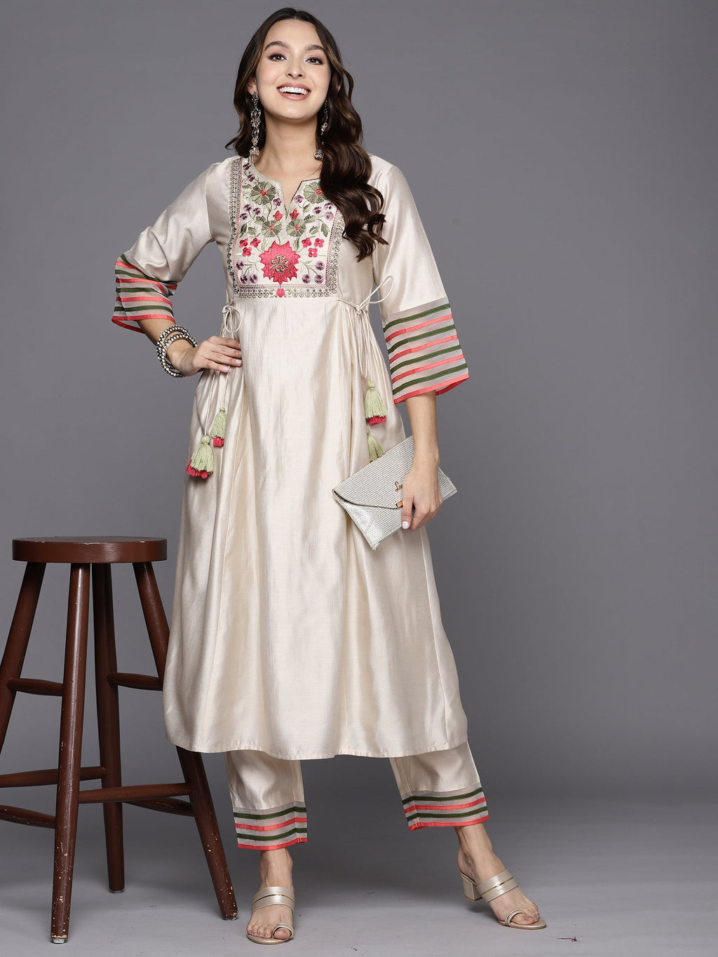 Indo Era White Embroidered A-Line Kurta Trousers Set | Grocsy