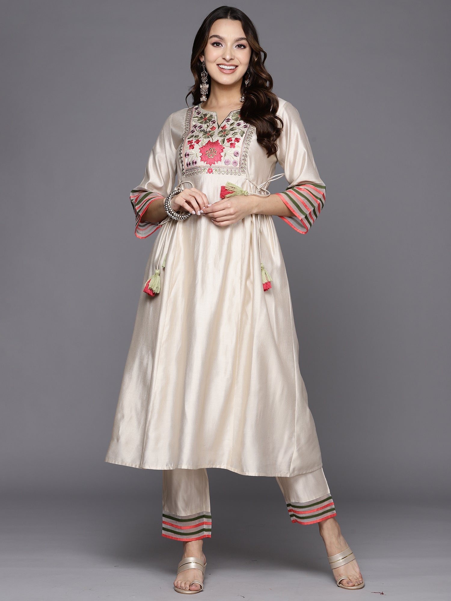 Indo Era White Embroidered A-Line Kurta Trousers Set | Grocsy