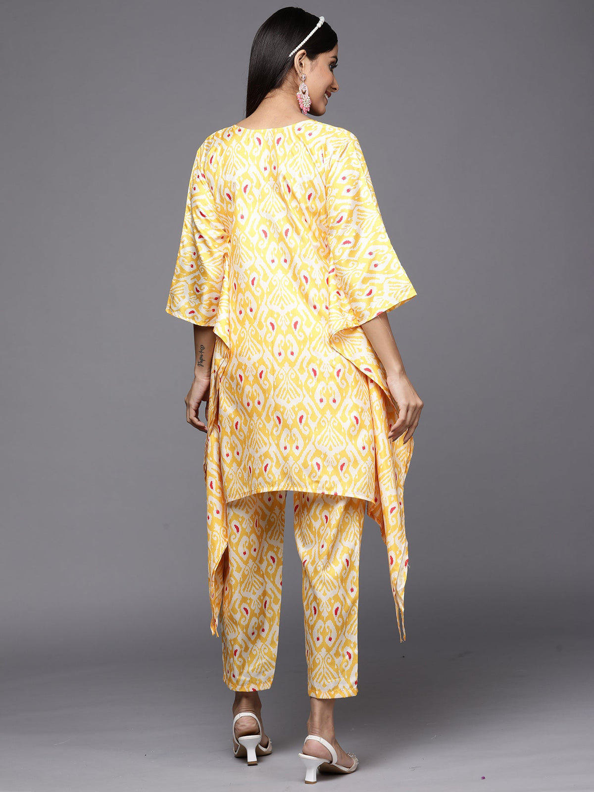 Indo Era Kesariya Yellow Printed A-Line Kaftan With Trouser Set | Grocsy