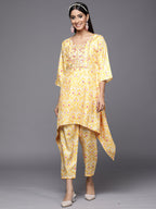 Indo Era Kesariya Yellow Printed A-Line Kaftan With Trouser Set | Grocsy