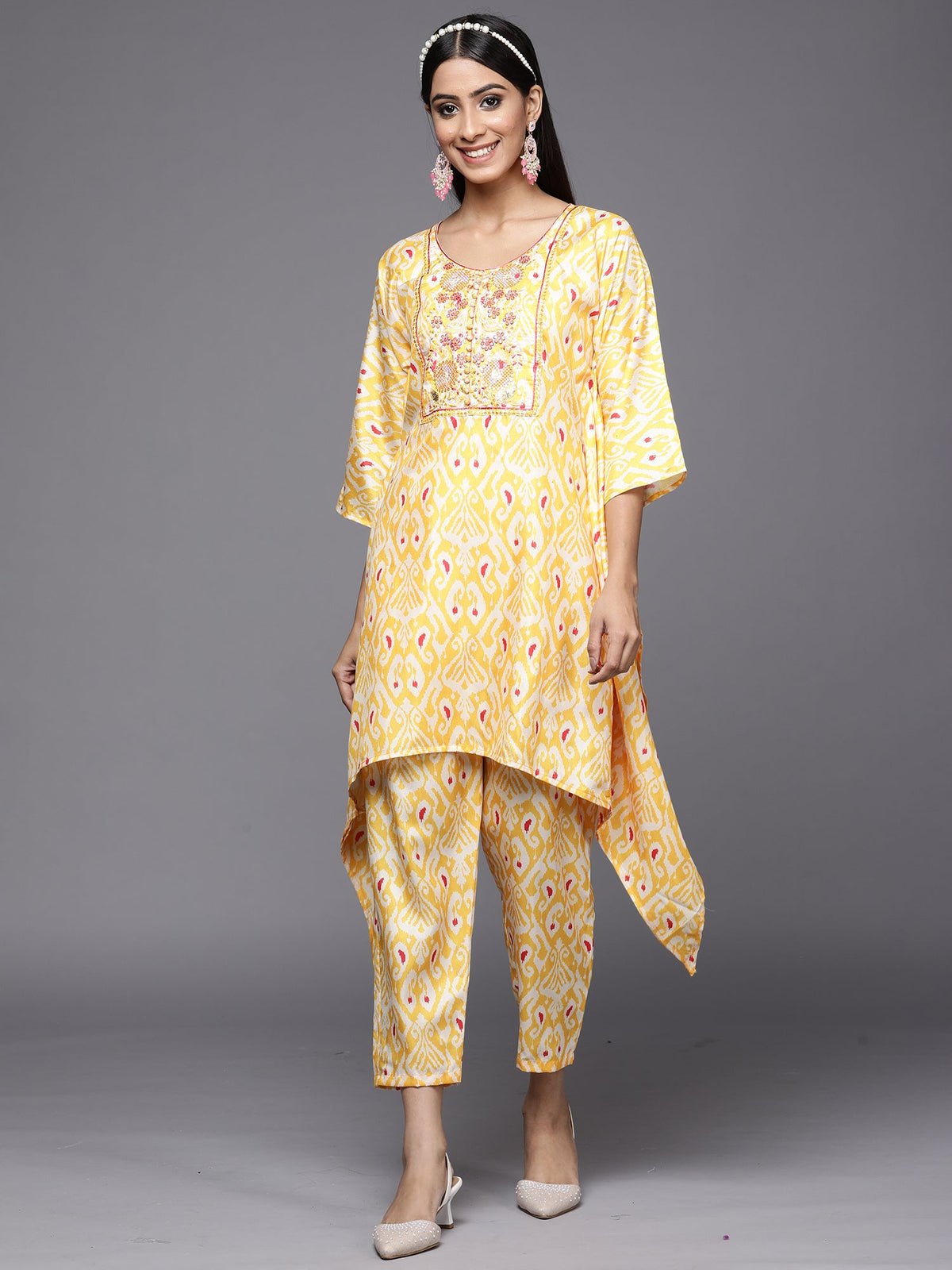 Indo Era Kesariya Yellow Printed A-Line Kaftan With Trouser Set | Grocsy