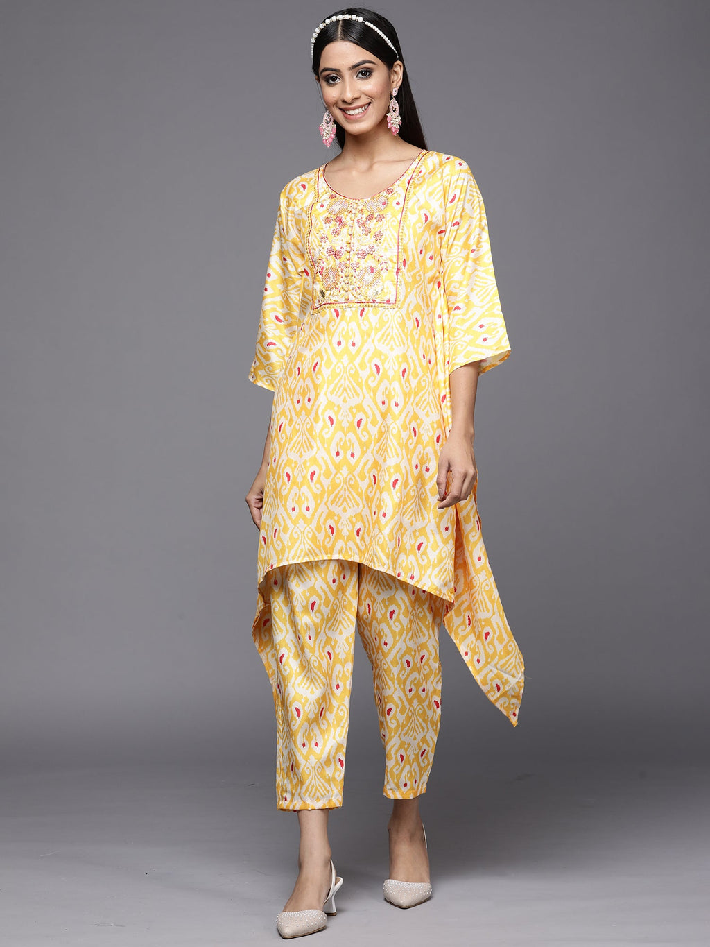 Indo Era Kesariya Yellow Printed A-Line Kaftan With Trouser Set | Grocsy