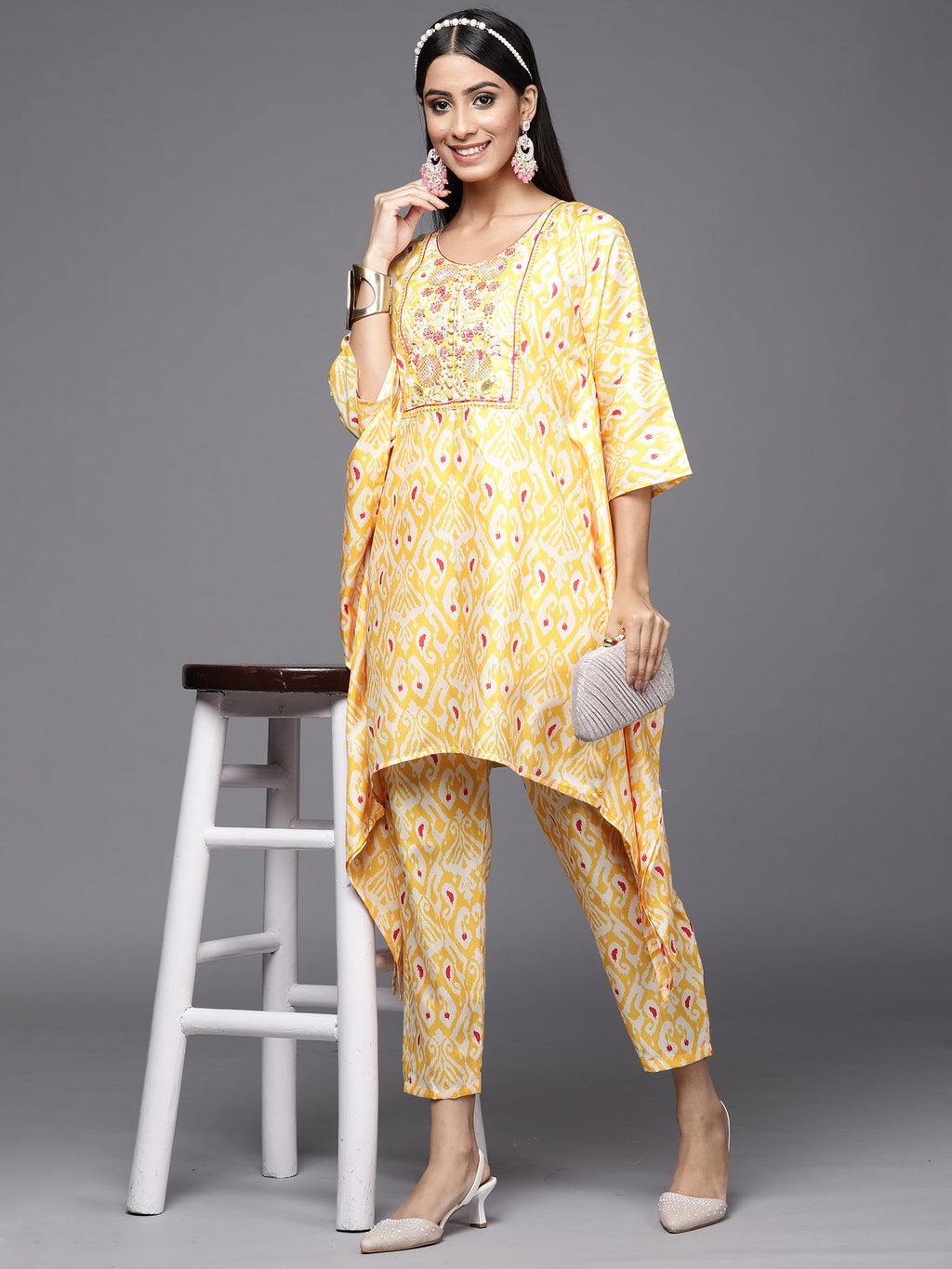 Indo Era Kesariya Yellow Printed A-Line Kaftan With Trouser Set | Grocsy