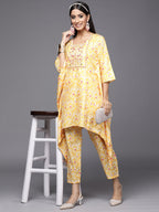 Indo Era Kesariya Yellow Printed A-Line Kaftan With Trouser Set | Grocsy