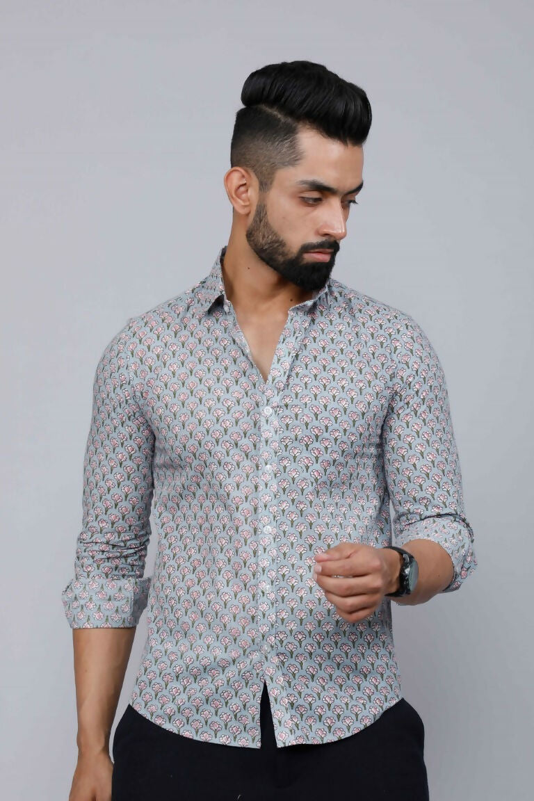 Miravan Men's Blue Pure Cotton Handblock Floral Print Shirt | Grocsy