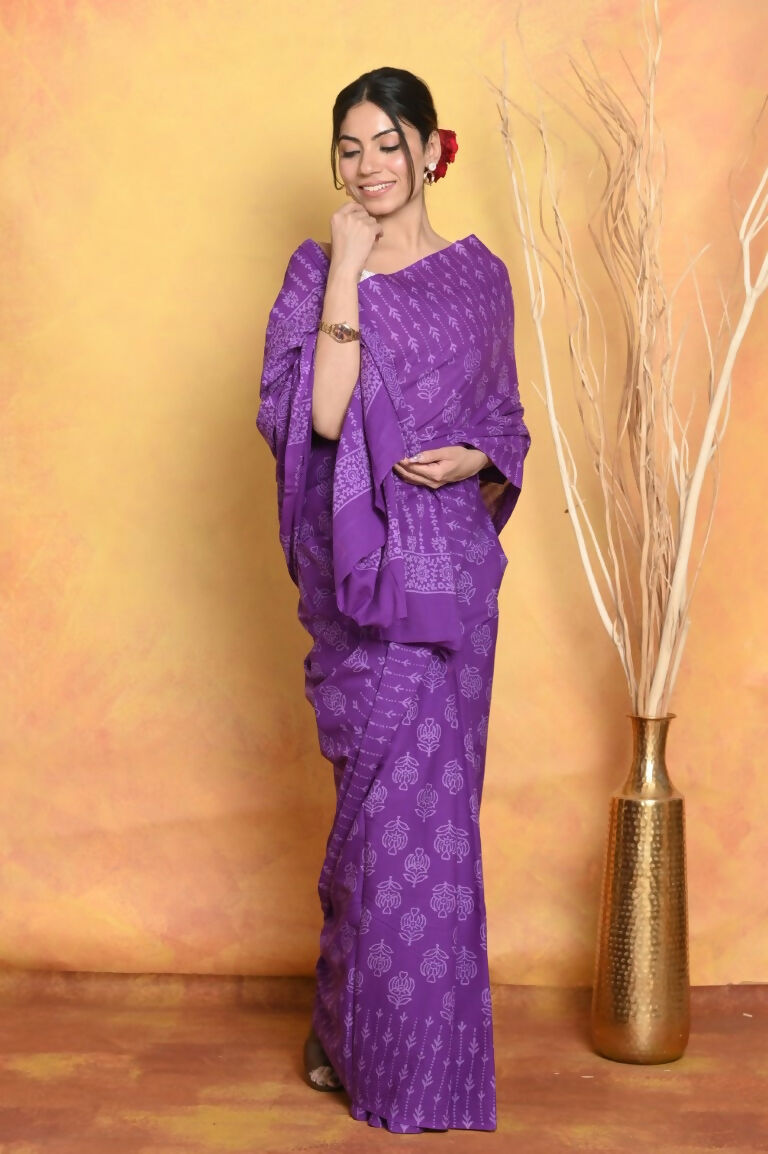 Very Much Indian Handblock Printed Cotton Saree With Natural Dyes - Purple | Grocsy
