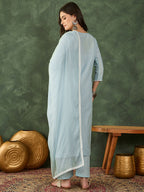 The52 Women's Beautiful Thread Work Cotton Blend Fabric Straight Kurta Pant and Dupatta Set-Sky | Grocsy
