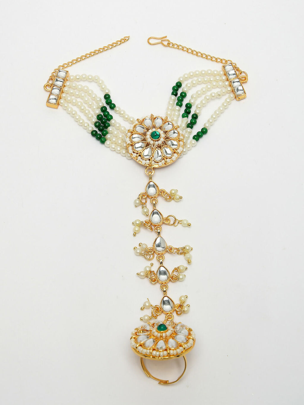 NVR Women's Green Gold-Polished Stone Studded Handcrafted Ring Bracelet | Grocsy
