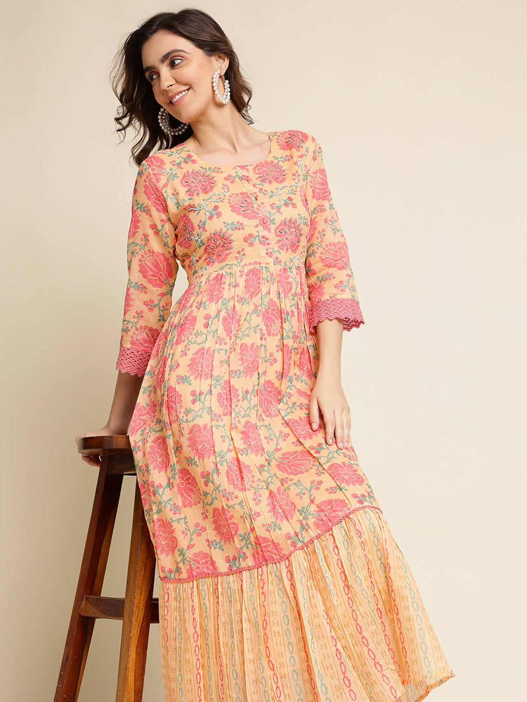 Peach Cotton Floral Printed Fit & Flare Dress - Yukti | Grocsy