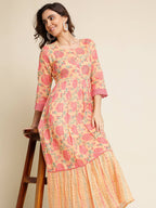 Peach Cotton Floral Printed Fit & Flare Dress - Yukti | Grocsy