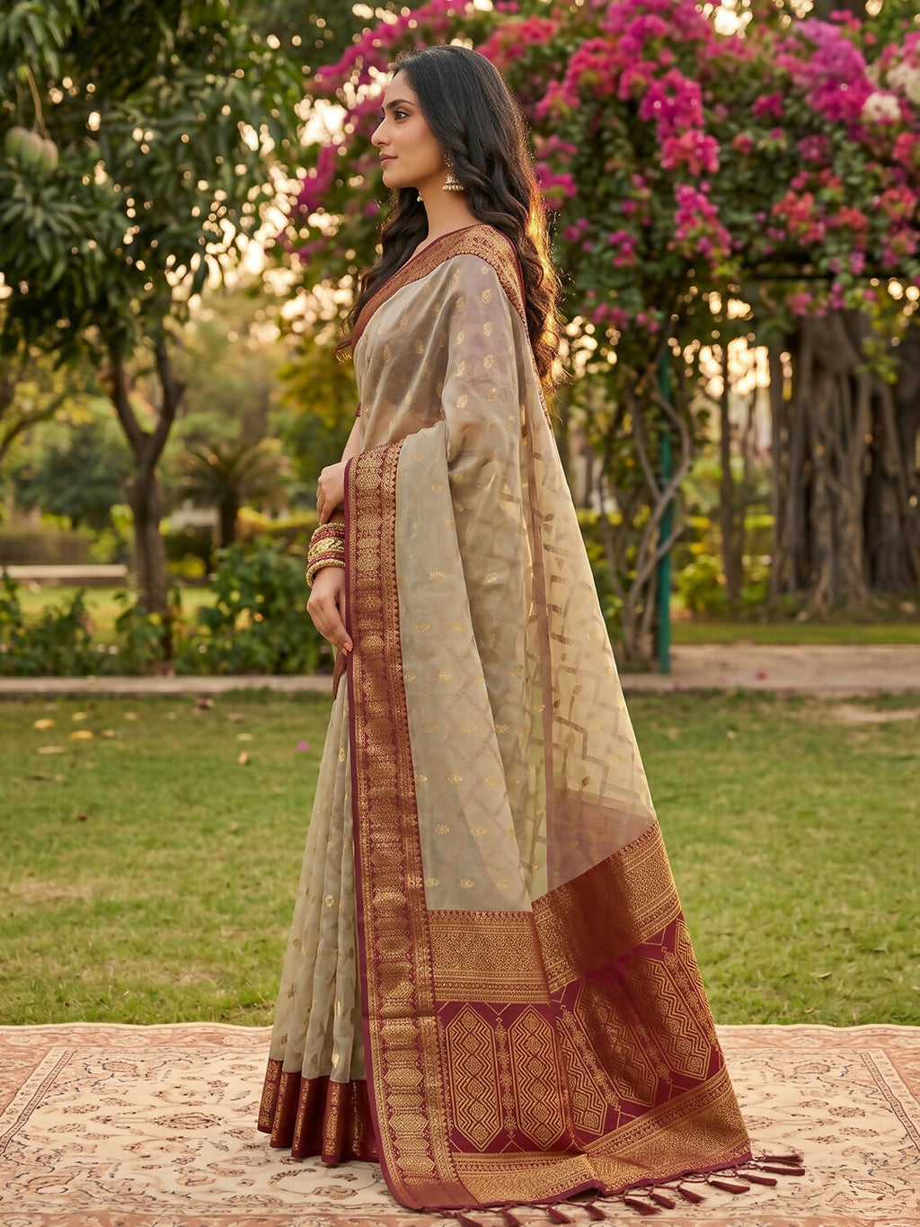 Shree Shyam Fashion Chiku With Red Cotton Saree | Grocsy