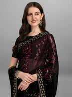 Vegaa Fashion Black Georgette Embroidered Party Wear Saree | Grocsy