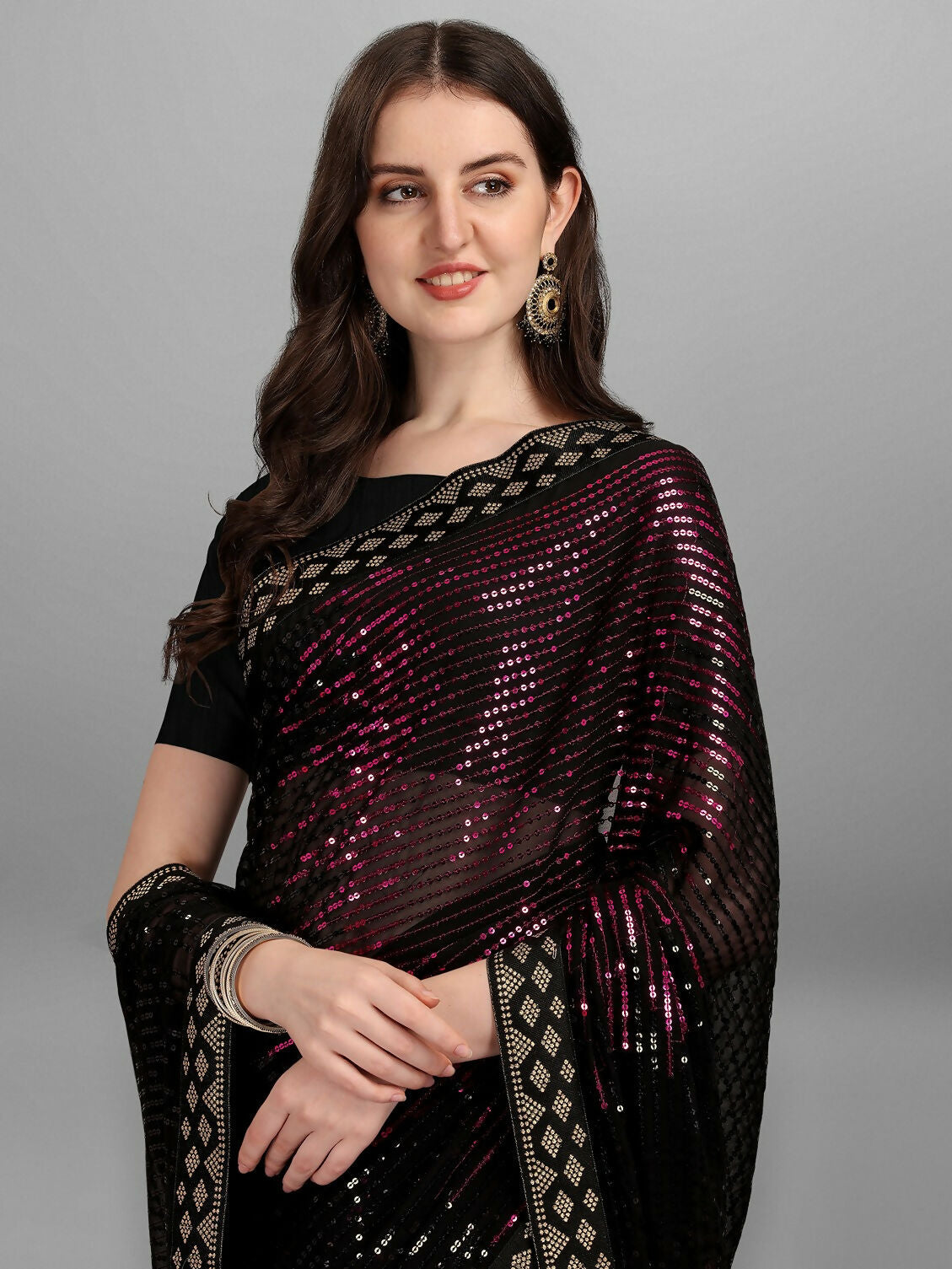 Vegaa Fashion Black Georgette Embroidered Party Wear Saree | Grocsy