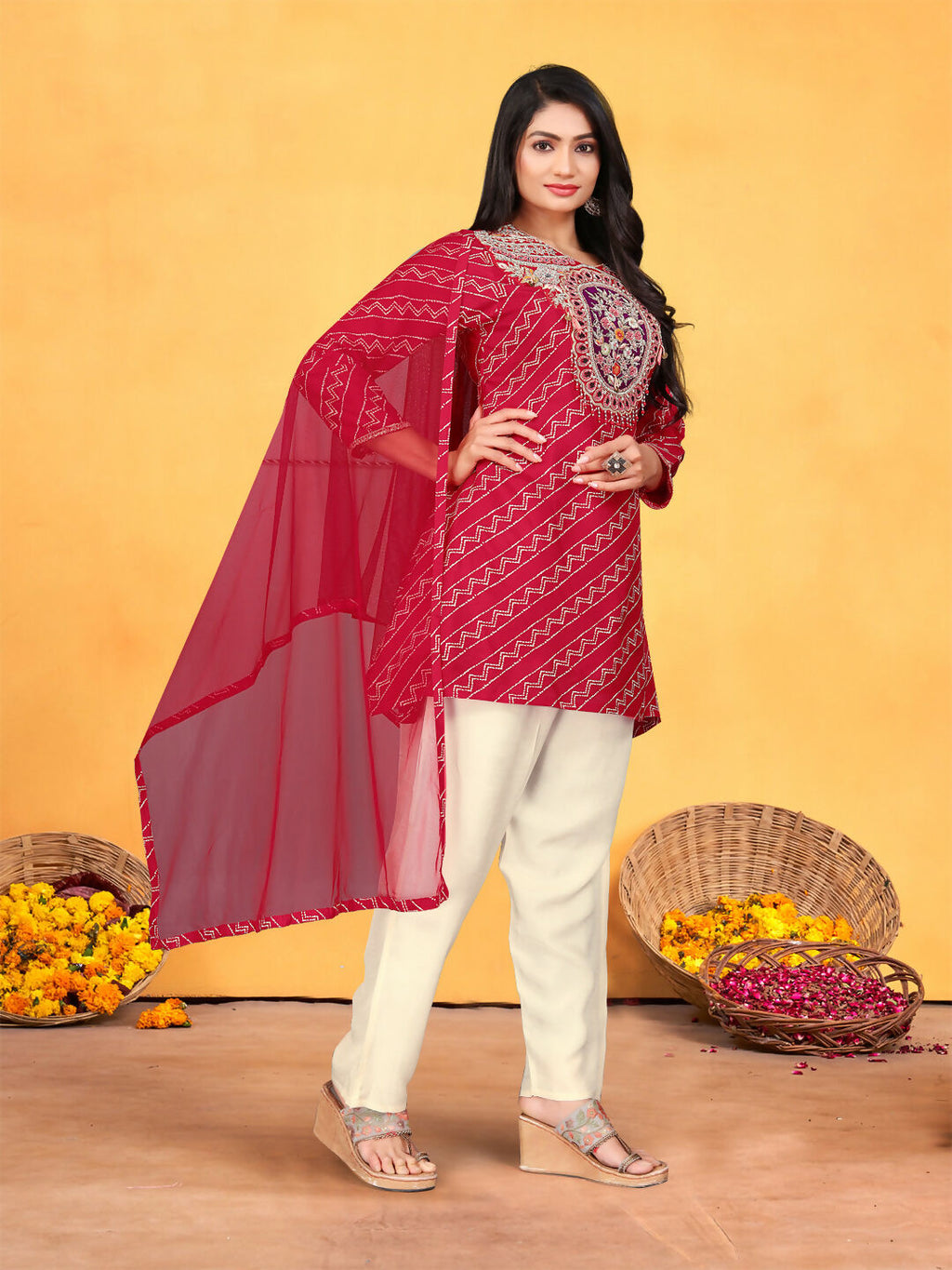 Joban Fashion Red Cotton Premium Pure Viscose Print Dola With Handwork Kurta set | Grocsy