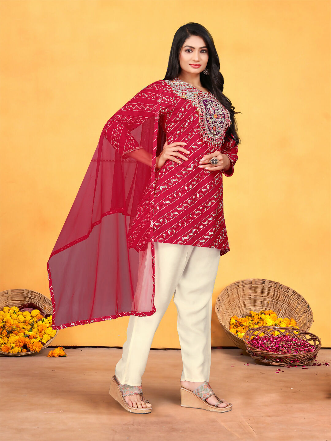 Joban Fashion Red Cotton Premium Pure Viscose Print Dola With Handwork Kurta set | Grocsy