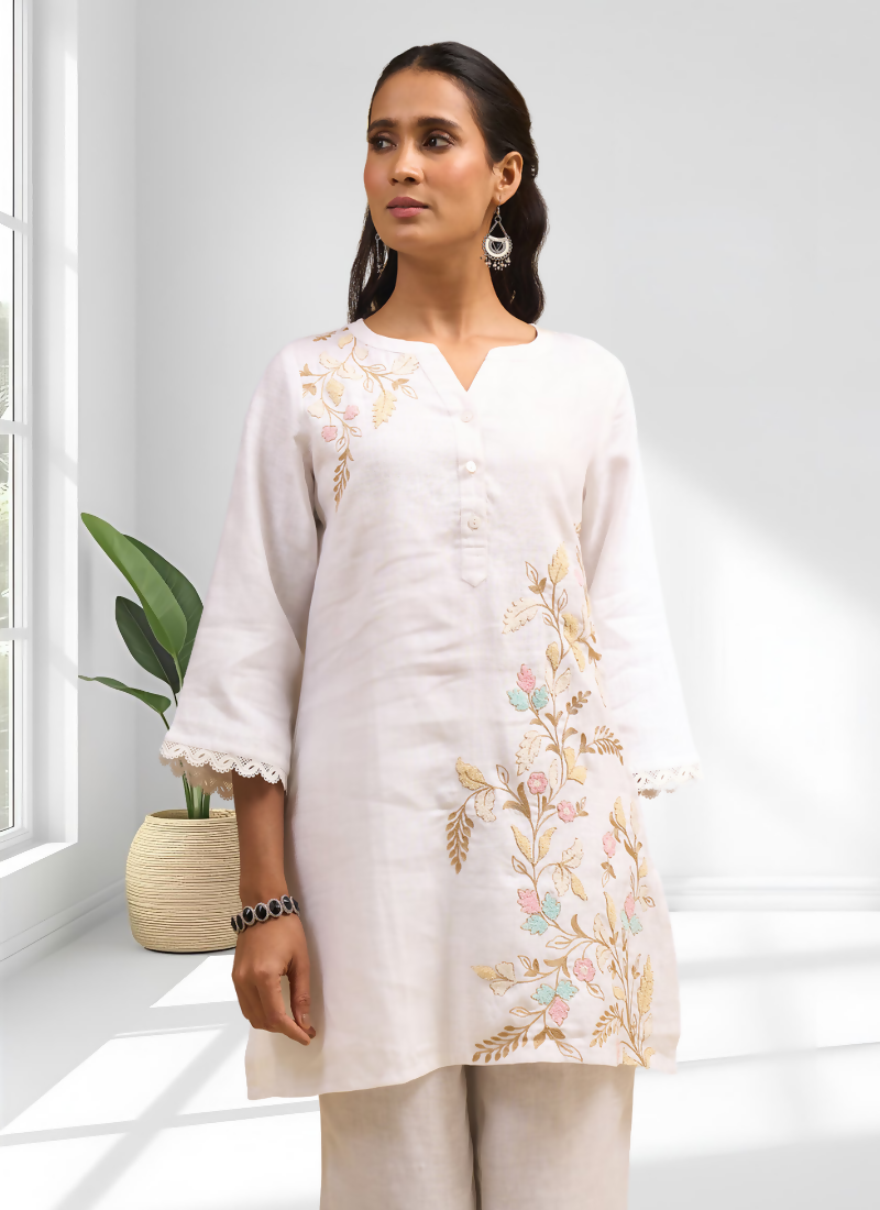 Joban Fashion Off White Linen Embroidered Readymade Cord Set | Grocsy