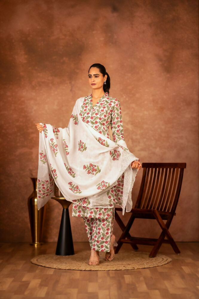 Joban Fashion Red Green Hand Block Printed Cotton Suit Set | Grocsy