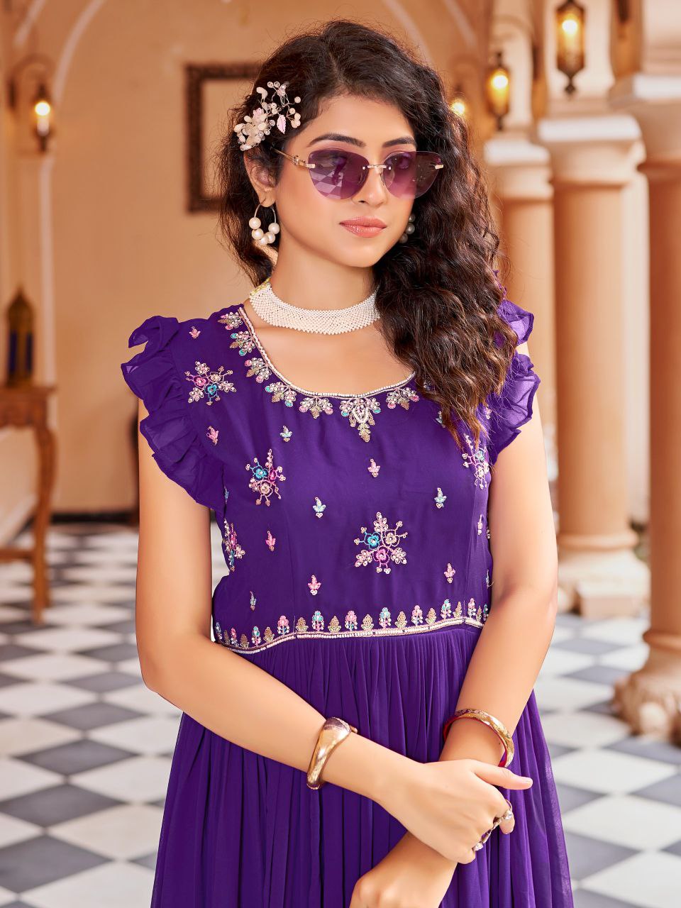 Prazu Fashion Purple Georgette With Rich Zari-Sequins Embroidery Gown | Grocsy