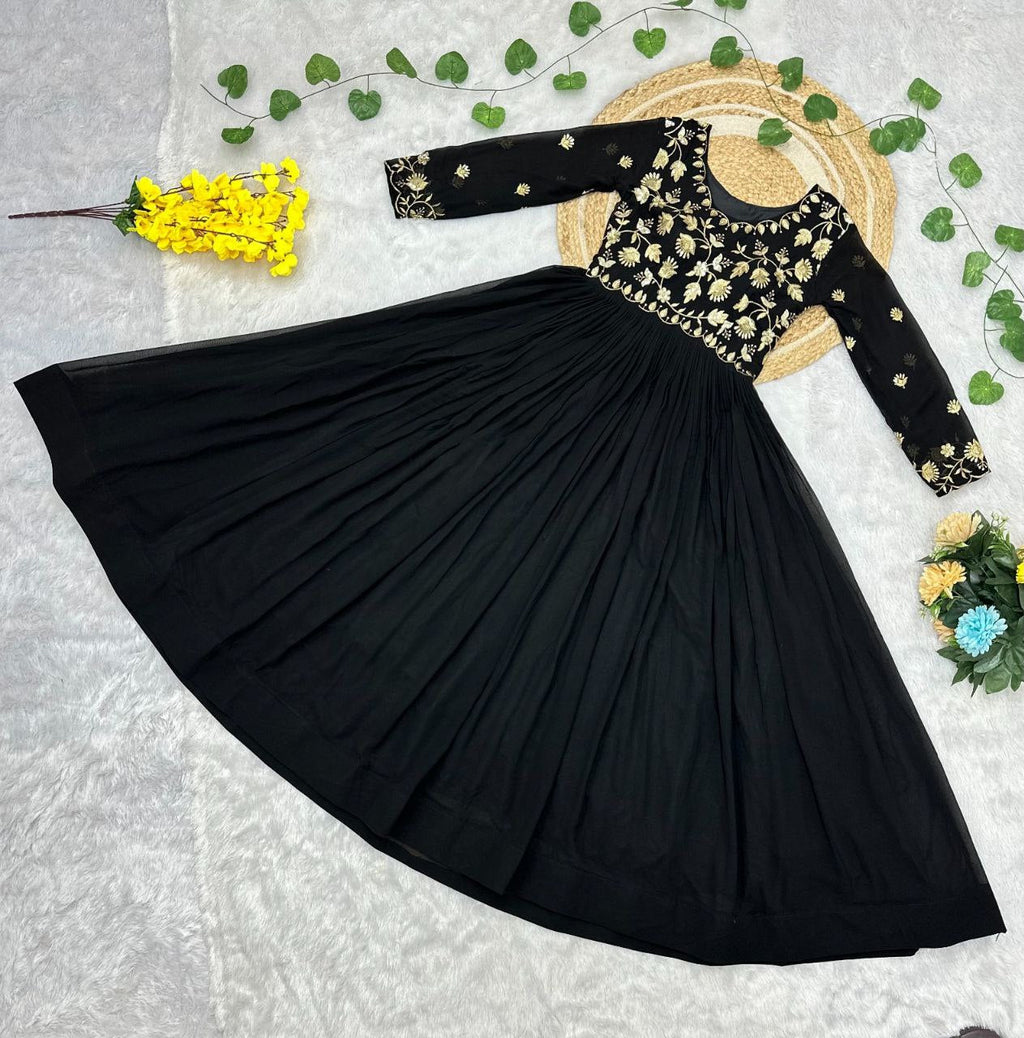 Prazu Fashion Black Georgette Embroidered Zari Work Designer Gown | Grocsy