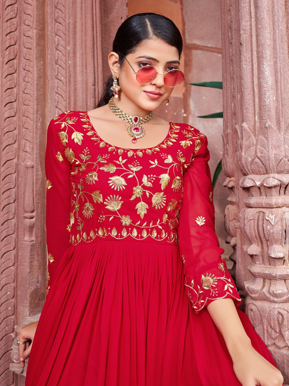 Prazu Fashion Maroon Georgette Embroidered Zari Work Designer Gown | Grocsy