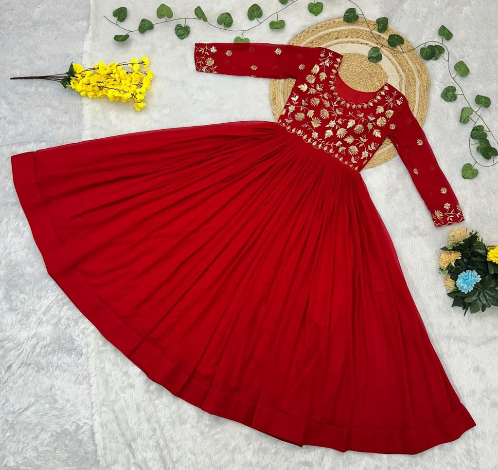 Prazu Fashion Maroon Georgette Embroidered Zari Work Designer Gown | Grocsy