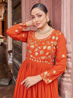 Prazu Fashion Rust Georgette Embroidered Zari Work Designer Gown | Grocsy